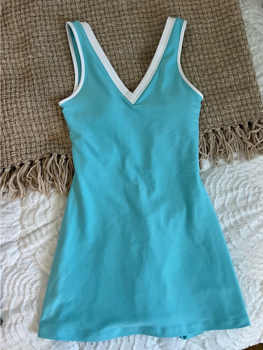 Abercrombie & Fitch Turquoise V-Neck Mini Dress with White Trim